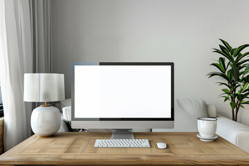 In a contemporary white living room, a wooden desk features an empty computer mockup with a blank white screen, perfect for showcasing your digital product or service. Commercial p