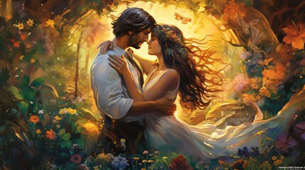 A beautiful painting of a man and woman standing in a lush forest. The man is dressed in a tunic and the woman is wearing a flowing gown - obrazy, fototapety, plakaty
