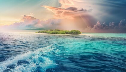 Creative colorful landscape of Atoll, where the ocean meets the sky in a beautiful panorama, banner template sharpen with copy space