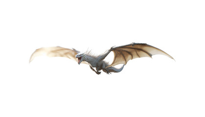 White silvery dragon in flight. Isolated transparent background PNG. Mythological winged beast flying. Attack pose. Majestic dragon with long wings in flight. Fierce expression. Sharp teeth.