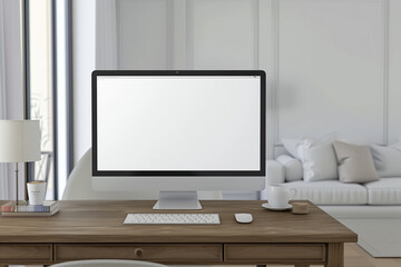 Set in a contemporary white-colored living room, a wooden desk boasts an empty computer mockup, offering a versatile platform for presenting your software, app, or website design.