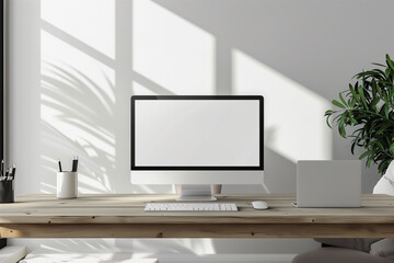 minimalist white living room sets the stage for a sleek wooden desk adorned with an empty computer mockup, offering endless possibilities for your branding or design. Commercial ph