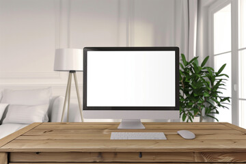 Against a backdrop of modern elegance, a wooden desk in a white-themed living room displays an empty computer mockup, inviting viewers to envision their own content on the pristine