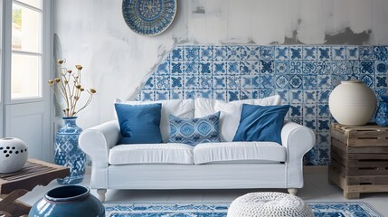 White sofa among blue motifs pottery near patterned wall. Boho or eclectic, bohemian interior design of modern living room
