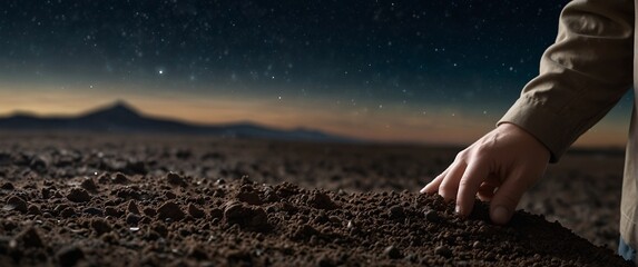 Expert hand of farmer checking soil health before growth a seed of vegetable or plant seedling, Business or ecology concept, analyze complex data sets in real-time, with a digital interface overlaid o