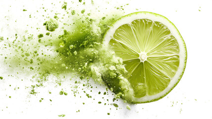 Exploding lime slice with vibrant green powder on a white background.