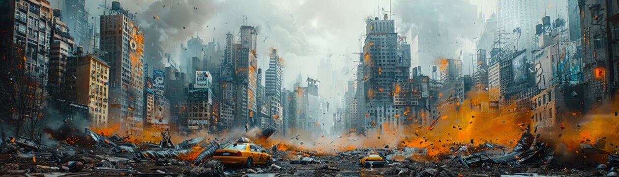 In a gritty dystopian cityscape, showcase a colossal mural blending chaos and hope By capturing a disorienting low angle, emphasize the enormity of the art against the backdrop of urban decay in vivid