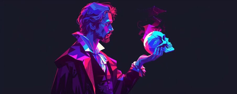 A young man in a purple coat holds a skull in his hand. The skull is glowing blue. The man's face is obscured by a shadow. The background is dark.