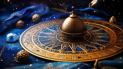 An illustration of an antique golden astrolabe with a blue background. The astrolabe is surrounded by stars and planets.