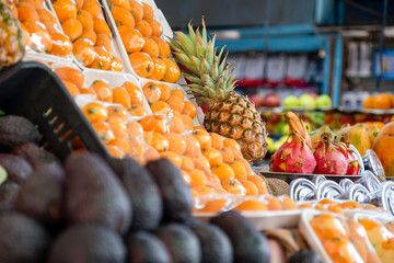 Bazaar selling summer fruits in shop showing plenty types of fruits and variations of choices