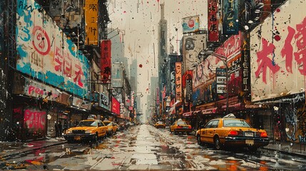 Fototapeta premium In an oil painting, depict a long shot of a gritty city street covered in vibrant graffiti art Integrate subtle elements symbolizing survival stories within the urban landscape Emphasize a mix of trad