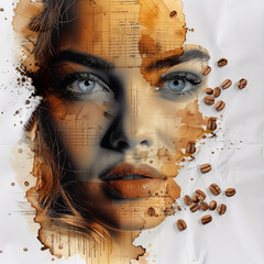 Close-up portrait of beautiful young woman with coffee beans on her face