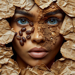 Portrait of a beautiful young woman with coffee beans on her face