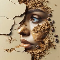 Beautiful woman face with coffee beans in a hole in the wall