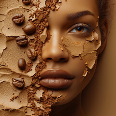 Closeup portrait of beautiful young woman with coffee beans on face.