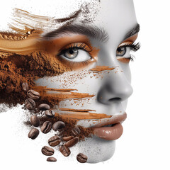 Close-up portrait of beautiful woman face with coffee beans on white background