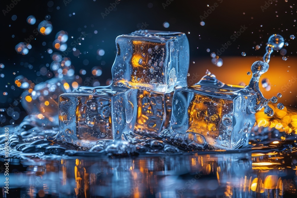 Poster a close-up of sparkling ice cubes with a warm background bokeh effect, highlighting the texture and 