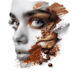 Woman face with coffee powder and coffee beans on a white background.