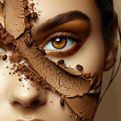Close-up portrait of a beautiful young woman with chocolate makeup.
