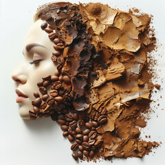 Face of woman with coffee beans and cocoa powder on white background.