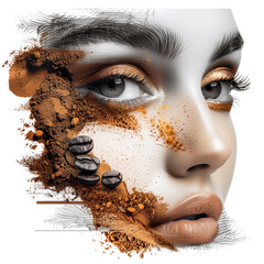 Close-up portrait of young beautiful woman with coffee powder on face