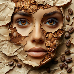 Portrait of a young woman with coffee beans in her face.