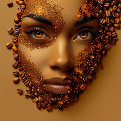 Portrait of a beautiful woman with coffee beans on her face.