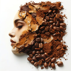 Close-up portrait of beautiful woman with coffee beans on her face