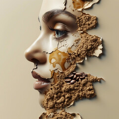 Portrait of beautiful woman with coffee powder on her face.