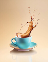 Uma xícara azul de louça com píres, com splash de café e fundo bege.