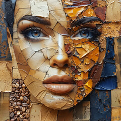 Creative collage with face of a woman made of colored stones and with coffee beans