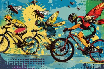 Fototapeta premium Envision insects racing on custommade bicycles, a peculiar spectacle presented in pop art style, ideal for a sharpened banner with copy space