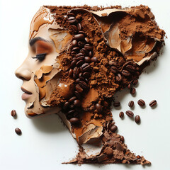 Face of beautiful woman with coffee beans and chocolate powder on white background