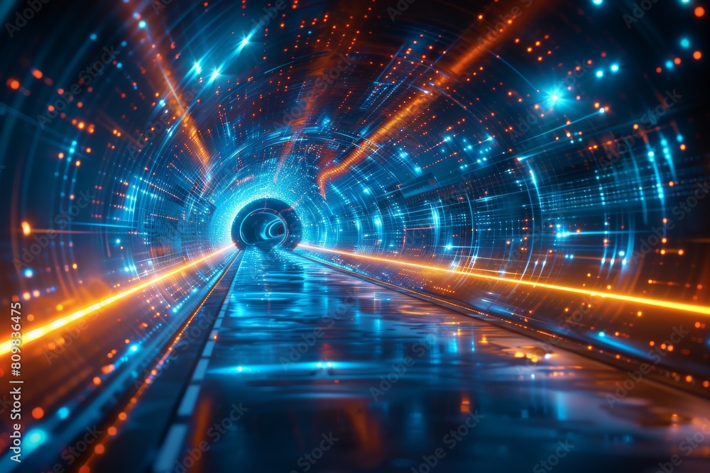 Poster a digital 3d render of a futuristic tunnel illuminated with vibrant neon lights and reflective surfa