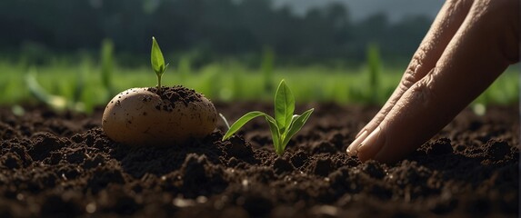 Expert hand of farmer checking soil health before growth a seed of vegetable or plant seedling, Business or ecology concept, analyze complex data sets in real-time, with a digital interface overlaid o