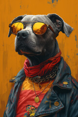 The Profile of A Dog Dressed in Grunge Attire and Sporting Sunglasses Against A Solid-Colored Background