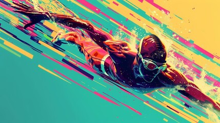 Futuristic Pop art style of an Olympic swimmer in action, capturing the dynamic movement and fluidity in cyberpunk 80s color, banner sharpen with copy space