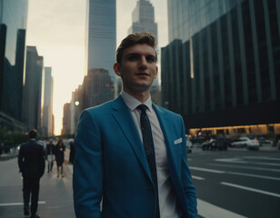 portrait of a young white entrepreneur businessman in the city, in front of skyscrapers