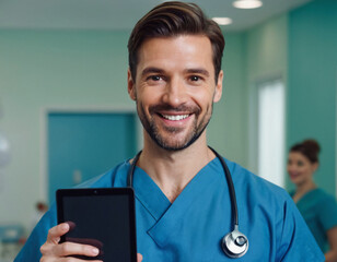 happy smiling male doctor with a tablet in his hand