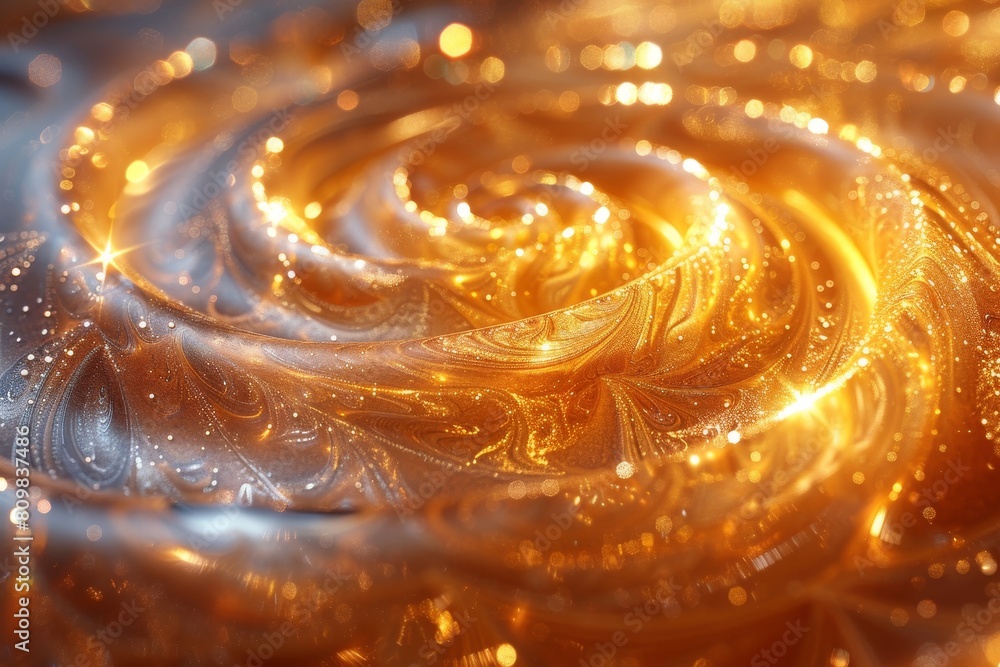Poster an intricate golden spiral with a magical touch, enhanced by subtle sparkles and warm light infusing