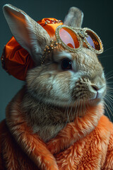The Profile of A Rabbit Dressed in Extravagant, Overly Ornate Attire Against A Single-Color Background