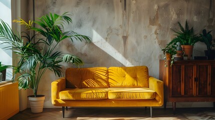 Yellow velvet loveseat sofa, wooden cabinet and potted houseplant against venetian stucco wall. Scandinavian home interior design of modern living room