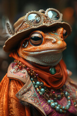 The Profile of A Frog Dressed in Extravagant, Overly Ornate Attire Against A Single-Color Background