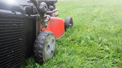 Lawn mower cutting green grass low angle shot with selective focus