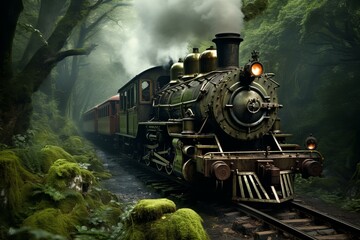 Old-fashioned steam locomotive travels on railroad in a foggy, moss-covered woodland