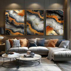 3 piece abstract wall art set, grey and orange marble textures. Created with AI