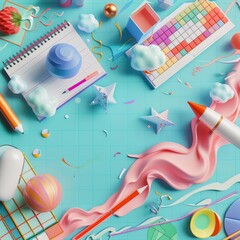 Japanese art style creative design merges with vibrant school supplies, creating an atmosphere of whimsical learning, all showcased in a synth wave template sharpen with copy space