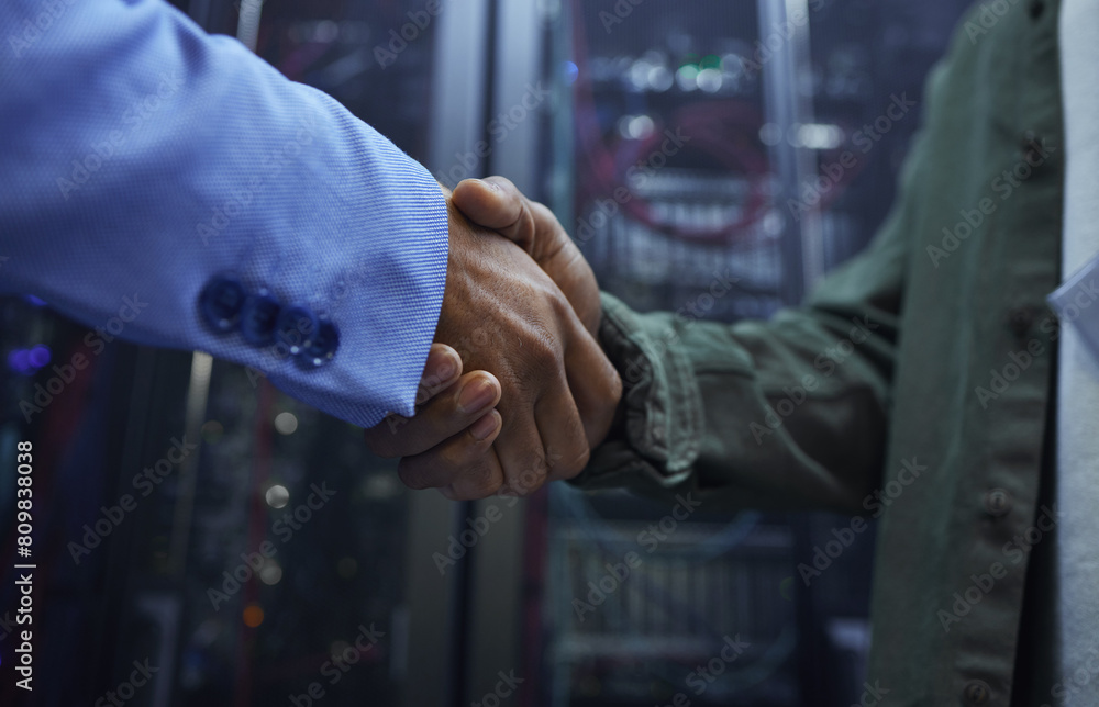 Poster people, handshake and technician engineer in server room, employees and programmers for cyber deal. 