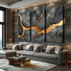 3D wall art, black marble with gold veins. Created with Ai