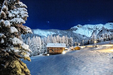 Tabia on the Dolomites at Night in Winter with Snow. 